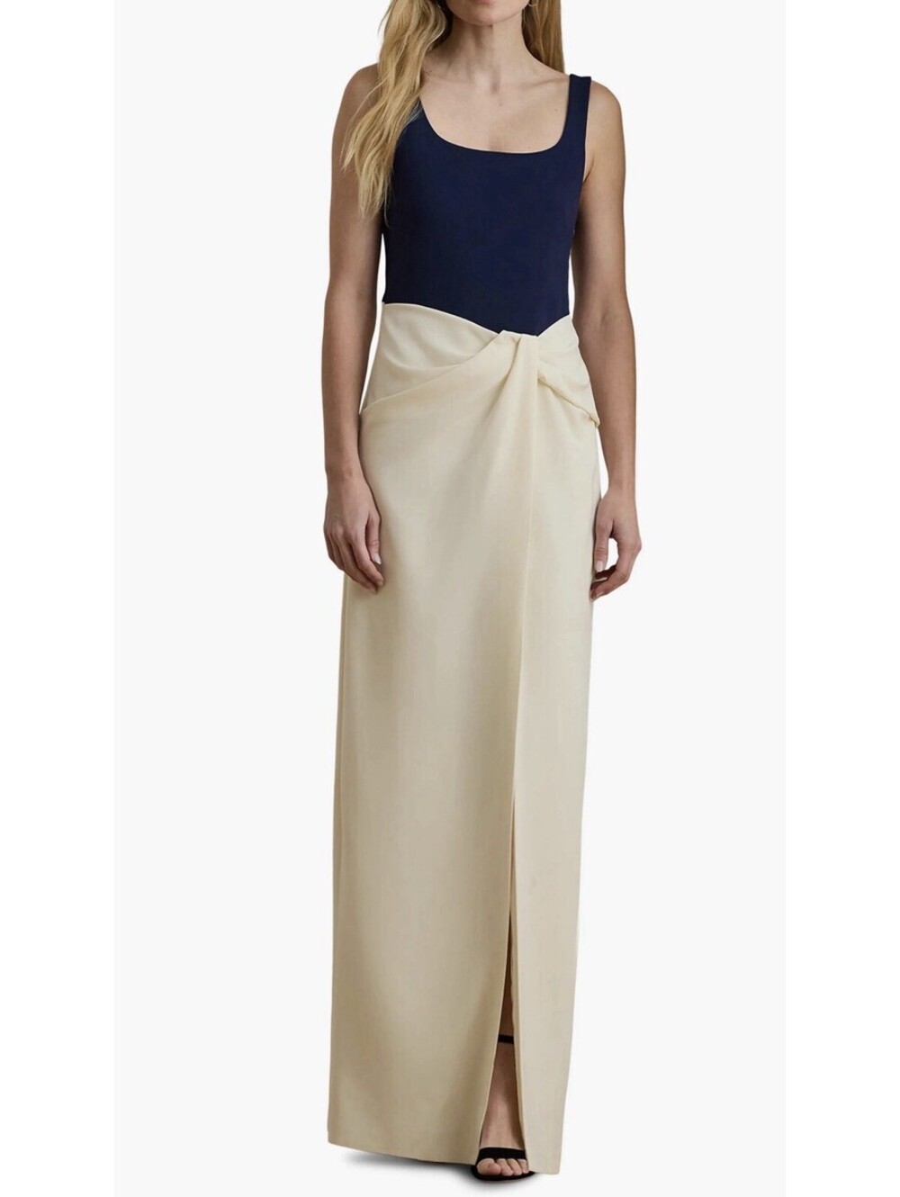 New Lauren Ralph Lauren Two-Tone Ottoman & Crepe Sleeveless Navy Gown Size 4